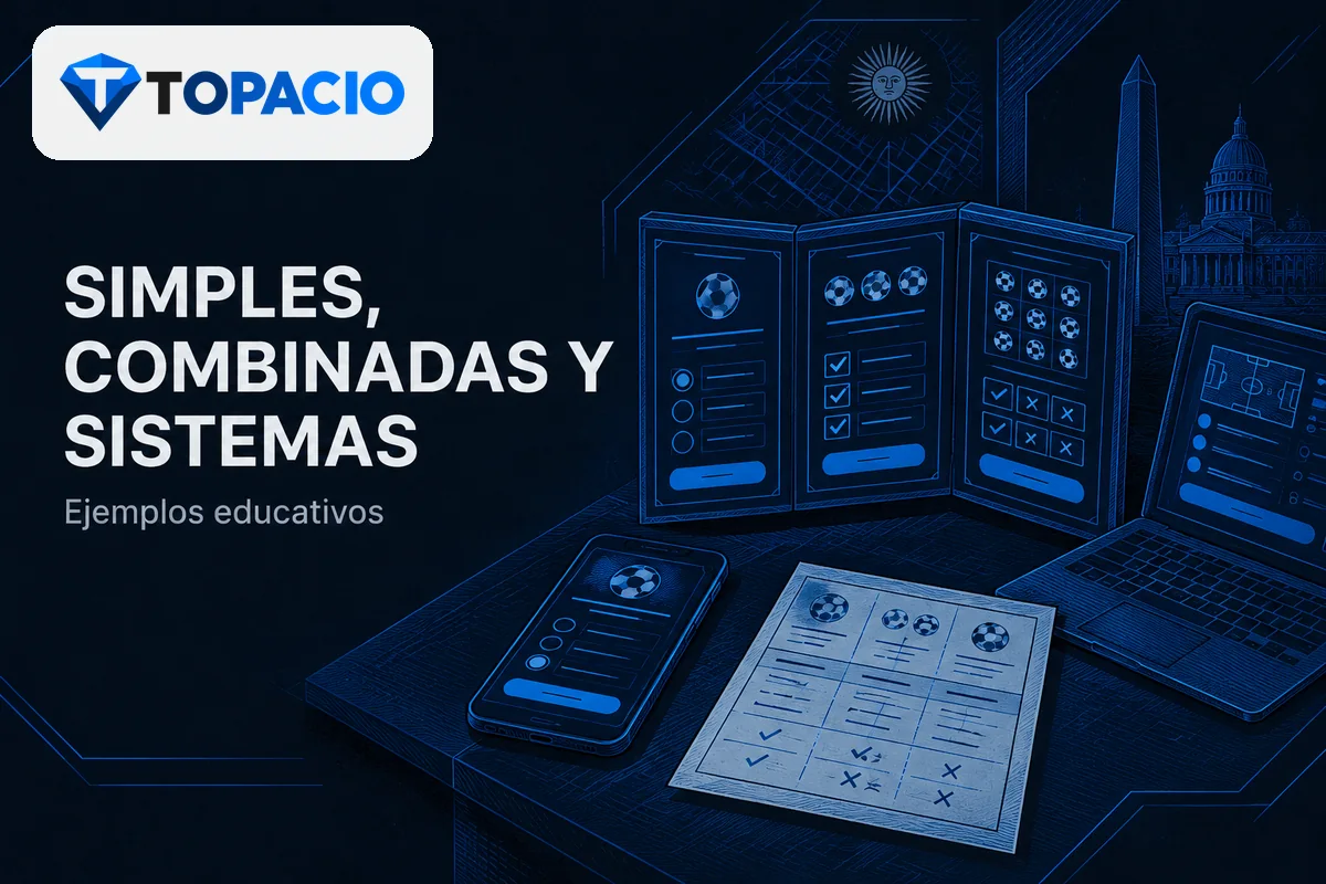 Tres paneles comparan apuestas simples, combinadas y de sistema.